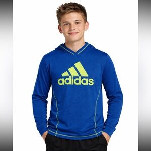 Adidas Boys Blue Neon Logo Lightweight Hoodie Pullover — Size XL 18/20